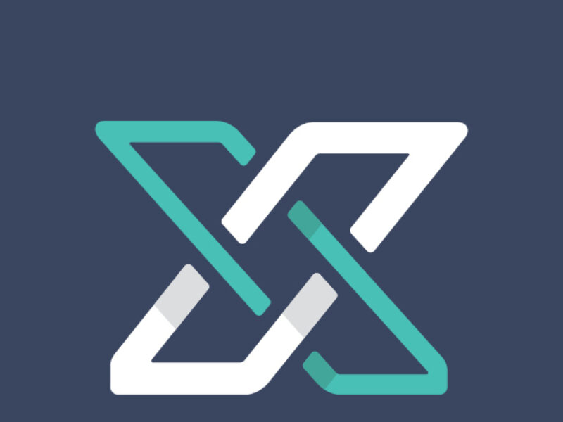 White and aqua graphic of the letter X - as in WEOC X - on a dark navy background