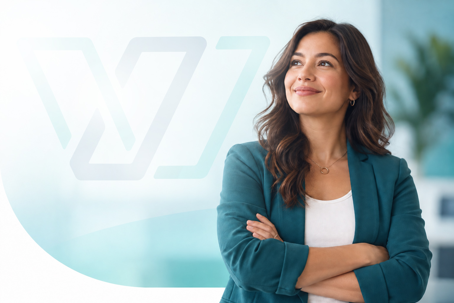 Woman in a teal blazer beside the WEOC logo